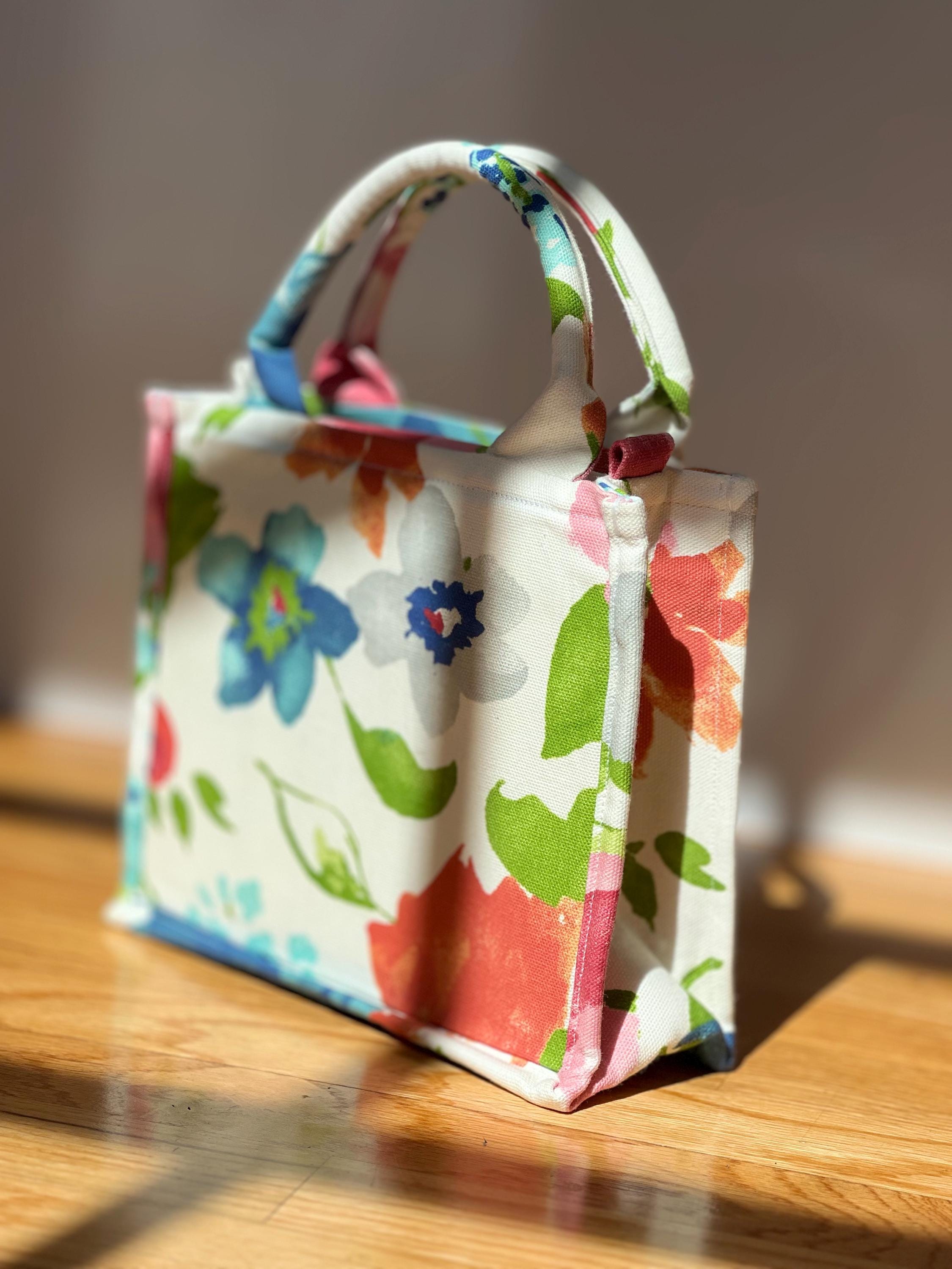 Floral Cotton Tote Bag, Crossbody Strap, Pink Piping