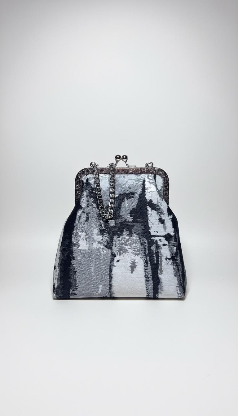 Abstract Kiss Lock Crossbody Bag, Metallic Gray Evening Clutch